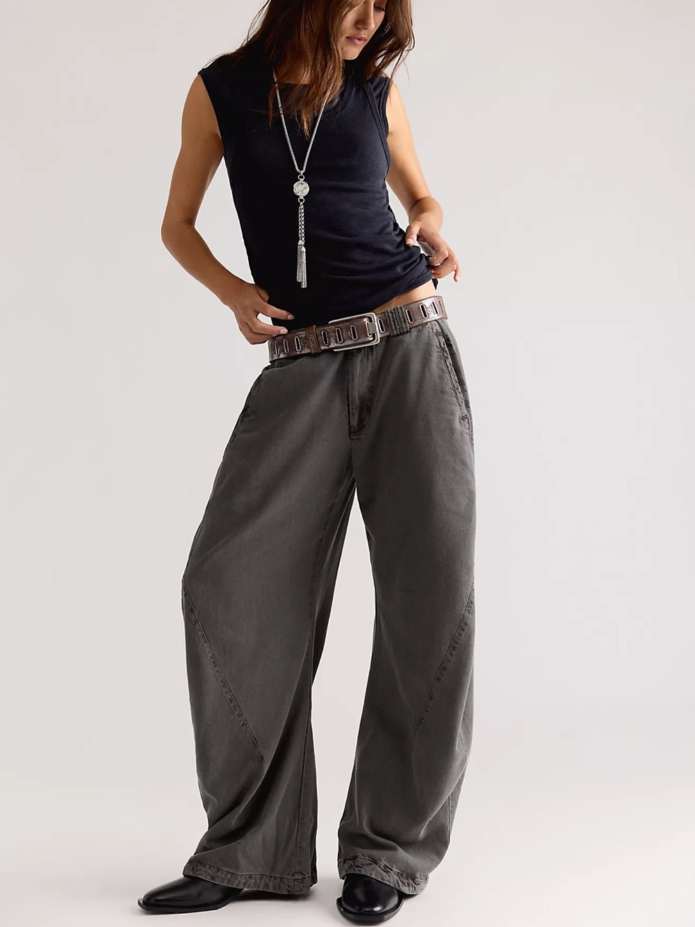 Wide-Leg Washed Gray Cotton Pants